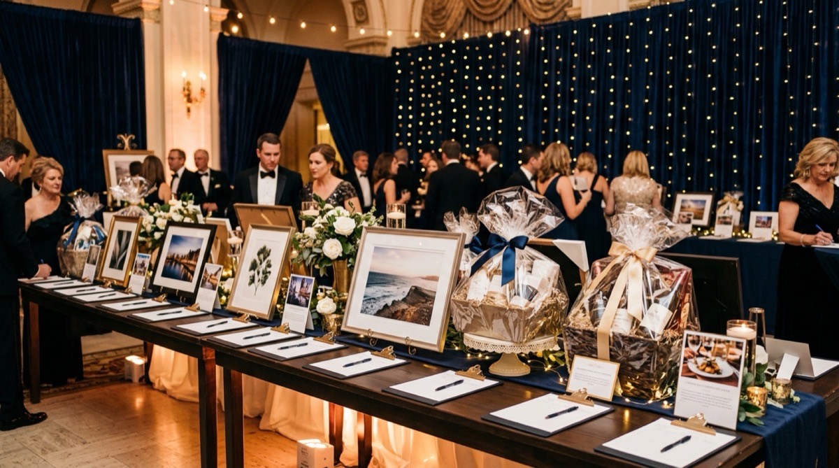 A silent auction table lined with framed prints, gift baskets and bid sheets at an evening gala