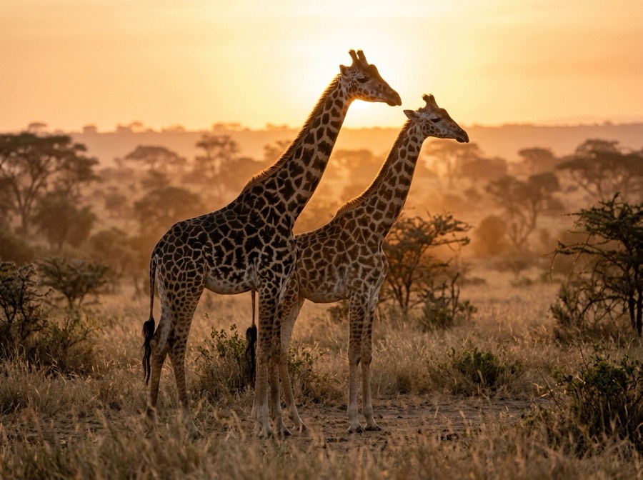 Two giraffes on the savanna at sunrise