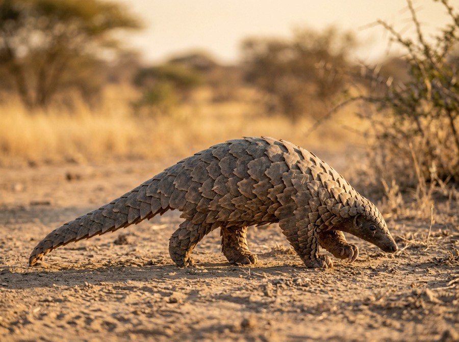 A pangolin walking across dry ground in late afternoon light