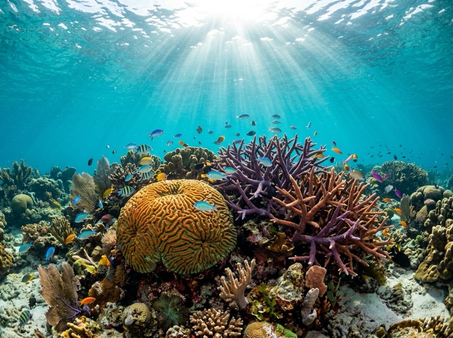 A healthy coral reef with orange and purple corals in clear turquoise water